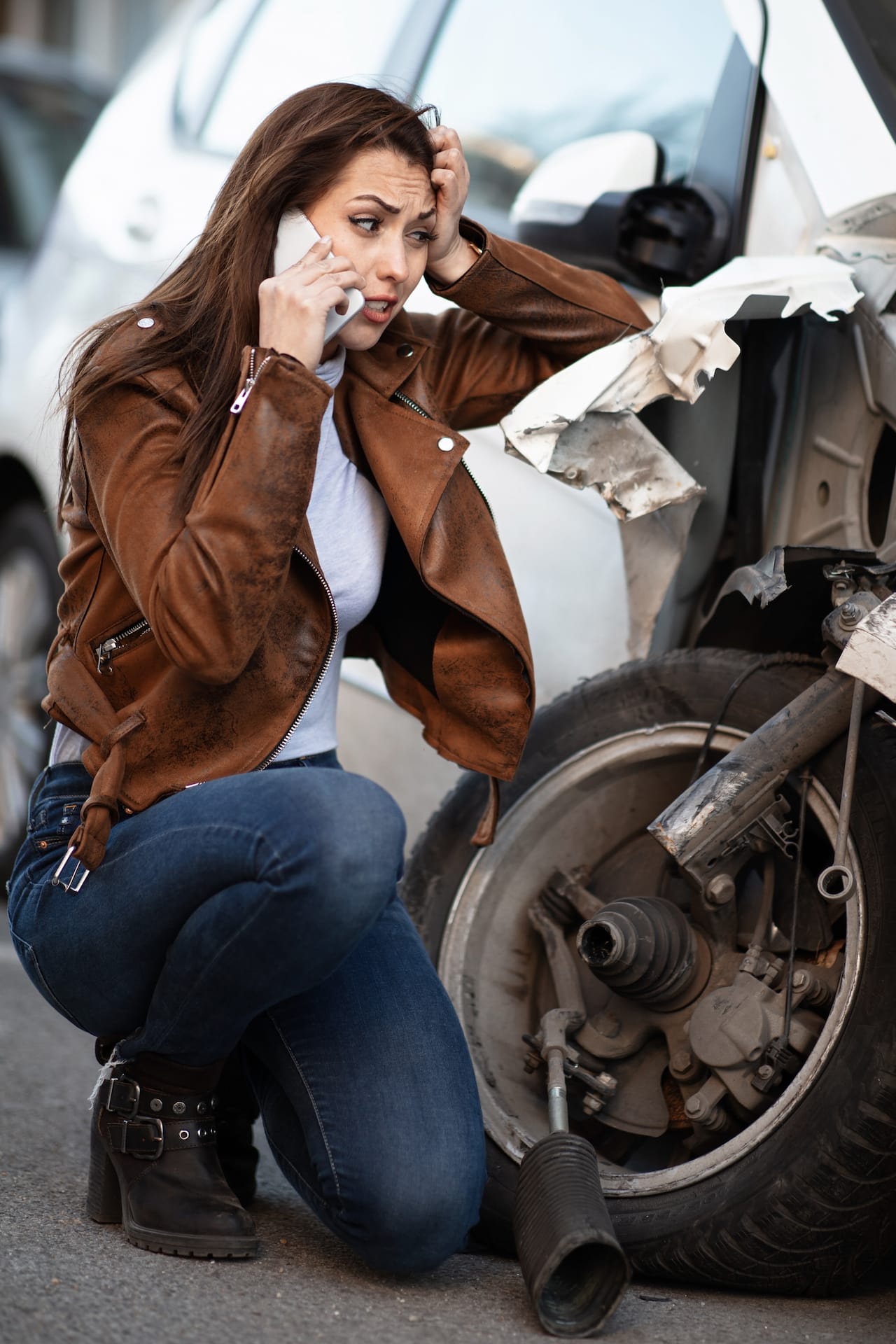 Stressed woman talking on cell phone while looking at her wrecked car after the accident.